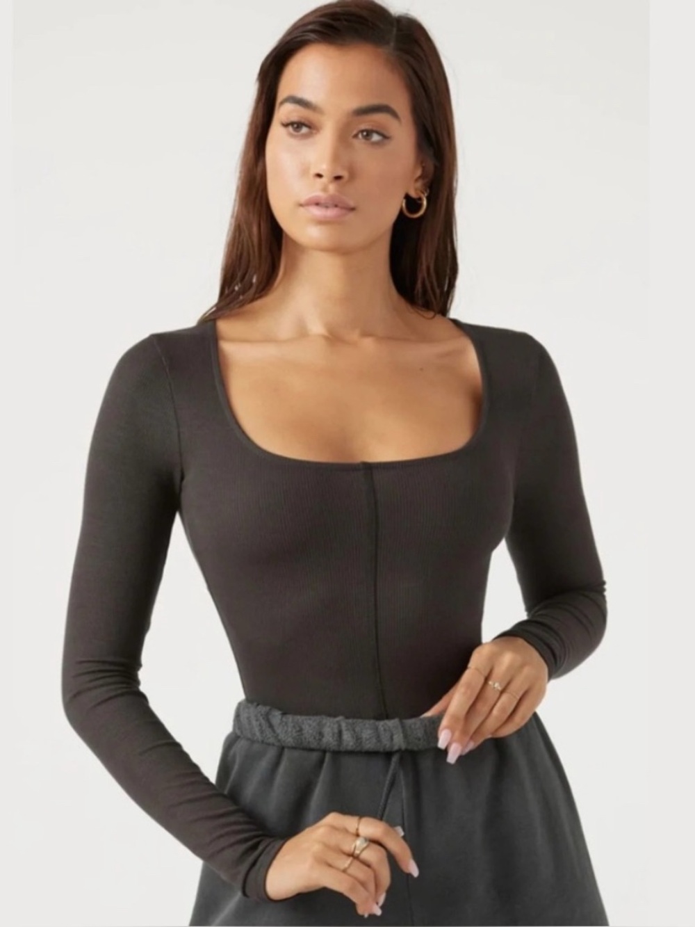 Joah Brown CLASSIC SCOOP RIBBED LONG SLEEVE Top In Black Rib Size S/M